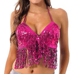 Pailletten-Neckholder-Top Salsa Bauchtanz Pailletten Top Damen Karneval Kostüm Festival Oberteil Party Clubwear Rave Top Ärmellos V-Ausschbitt Fransen Quaste Tanktops Trägertops von CNNBYYDS