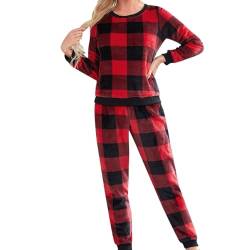 Schlafanzug Damen Winter Dicke Flanell Pyjama Damen Lang Christmas Pyjama Set mit Karierte Hose Warme Fleece Schlafanzüge für Damen Hausanzug Kuschelig Langarm Zweiteiliger Nachtwäsche Lounge Set von CNNBYYDS