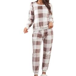 Schlafanzug Damen Winter Dicke Flanell Pyjama Damen Lang Christmas Pyjama Set mit Karierte Hose Warme Fleece Schlafanzüge für Damen Hausanzug Kuschelig Langarm Zweiteiliger Nachtwäsche Lounge Set von CNNBYYDS