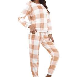 Schlafanzug Damen Winter Dicke Flanell Pyjama Damen Lang Christmas Pyjama Set mit Karierte Hose Warme Fleece Schlafanzüge für Damen Hausanzug Kuschelig Langarm Zweiteiliger Nachtwäsche Lounge Set von CNNBYYDS