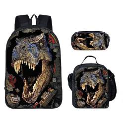 CNRYRIO Dinosaurier Rucksack Kinder Schultasche Set 17 Zoll Laptop Rucksack mit isolierter Lunchbox und Federmäppchen für Jungen und Mädchen (Dinosaur-A) von CNRYRIO