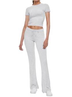 CNTSFS Damen Lounge Set Zweiteiler Y2K Skims kurzärmeligen Crop Top Schlaghose Yoga Trainingsanzug Outfit(Grau M) von CNTSFS