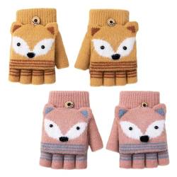 2 Stück fingerlose Kinder-Cartoon-Handschuhe, umwandelbare Flip-Fäustlinge, Flip-Strickhandschuhe, Winterhandschuhe für Jungen und Mädchen (Beige, Rosa) von COACOM