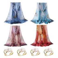 COACOM 4PCS Chiffon Schals, 4PCS Seidenschal Schnallen, Modischer Frauen Chiffon Schal, Weicher bedruckter Seidenschal, Eleganter Vintage Seidenschal, Leichter Halsschal von COACOM