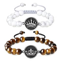 COAI Geschenkideen EIN Paar Partner Armbänder aus Howlith und Tigerauge mit Krone Charm von COAI