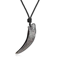 COAI Geschenkideen Glückskette aus Obsidian Silber Wolf Gravur Wolfszahn Anhänger halsketten für Herren von COAI