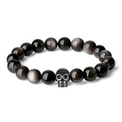 COAI Geschenkideen Herren Glücksarmband Reiki Armband aus Silbrigem Obsidian mit CZ Zirkonia Totenkopf Charm von COAI