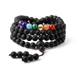 COAI Geschenkideen Unisex 108 Mala aus Mattem Onyx und 7 Chakren Buddhistisches Wickelarmband Yoga Schmuck von COAI