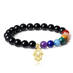 COAI Geschenkideen Unisex Glücksarmband aus Schörl Schwarzem Turmalin und 7 Chakren mit Hamsa Hand Charm Größe S von COAI