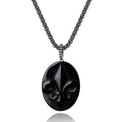COAI Geschenkideen Unisex Glückskette mit Oval Anhänger aus Obsidian Fleur De Lis Anhänger Amulett Halskette 60cm von COAI