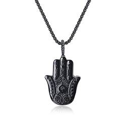 COAI Geschenkideen Unisex Obsidian Anhänger mit Gravur Hand der Fatima Edelstahl Halskette von COAI