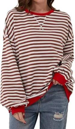 Women Striped Color Block Oversized Sweatshirt Crew Neck Long Sleeve Shirt Pullover Top Casual Loose fit Sweater (red White,L) von COALHO