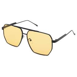 COASION Retro Eckig Groß Sonnenbrille Polarisiert für Herren Damen Pilotenbrille Vintage Fliegerbrille mit UV400 Schutz (Schwarz Rahmen/Gelb Linse) von COASION