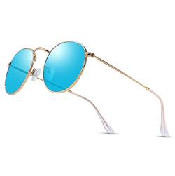 COASION Runde Sonnenbrille Damen Polarisierte Herren Retro 100% Glaslinse Vintage Rund Brille (Verspiegelt Gold/Blau) von COASION