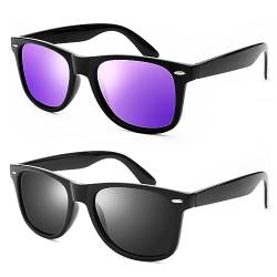 COASION Sonnenbrille Herren Polarisiert für Damen Retro Rechteckige Brille Unisex Sunglasses UV400 Schutz (Schwarz gläser+verspiegelt Lila gläser) von COASION