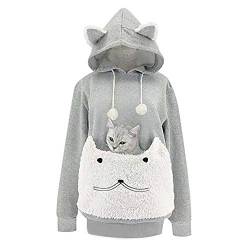 Katze Hund Kanguru Cat Lovers Hoodies Kangaroo Dog Pet Paw Ball Kordelzug Pullover Kuscheltasche Sweatshirt Plüschtasche Animal Ear Hooded Outwear-Grau_M. von COCOCO