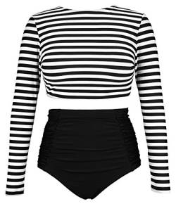 COCOSHIP Black & White Striped Women's Multi-Purpose Long Sleeve Swim Shirt Rash Guard Top Tankinis High Waist Bathing Swimsuit 16 von COCOSHIP