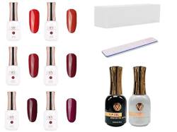 CÔEM - Premium Nagellack Set für UV-Lampe 6 Farben inkl. 1 Base, 1 Top Coat, 1 Buffer, 1 Nagelfeile - Langanhaltend & schnelltrocknend - Gellack Shellac professioneller Look - Gelnagellack Cherry Rot von CÔEM