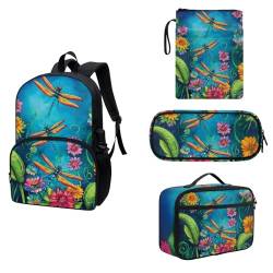 COEQINE 4-teiliges Rucksack-Set für Jungen und Mädchen, 43,2 cm Schul-Büchertasche und Buchhüllen, Lunchbox, Isolierung, Federmäppchen, Libellen-Blumenmuster von COEQINE