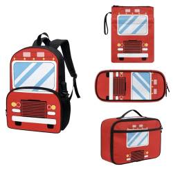 COEQINE 4-teiliges Rucksack-Set für Jungen und Mädchen, 43,2 cm Schul-Büchertasche und Buchhüllen, Lunchbox, Isolierung, Federmäppchen, Rotes Feuerwehrauto von COEQINE