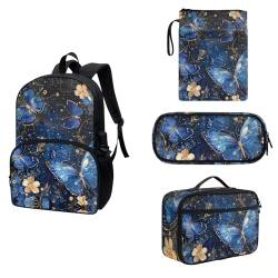 COEQINE 4-teiliges Rucksack-Set für Jungen und Mädchen, 43,2 cm Schul-Büchertasche und Buchhüllen, Lunchbox, Isolierung, Federmäppchen, Schmetterling Gold Floral von COEQINE