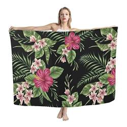 COEQINE Damen Strand-Badeanzug mit Hühner-Muster, Sarong-Überzug, Pareo, Badeanzug, Bikini, Schal, Wickelrock, Black Leaf Hawaii Blume, onesize von COEQINE