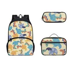 COEQINE Kinder-Rucksack-Set für Jungen, 43,2 cm, Tier-Büchertasche, langlebig, großes Fassungsvermögen, Federmäppchen, Lunchbox mit Griffen, Niedlicher Dinosaurier-Druck, Beige von COEQINE