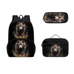 COEQINE Kinder-Rucksack-Set für Jungen, 43,2 cm, Tier-Büchertasche, langlebig, großes Fassungsvermögen, Federmäppchen, Lunchbox mit Griffen, Schwarzer Wolf mit Tiermotiv von COEQINE