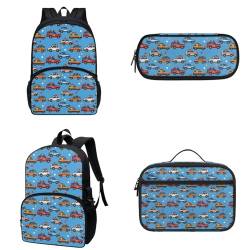 COEQINE Kindergarten-Rucksack für Jungen mit Lunchbox, schwarz, Cartoon-Autos, Federmäppchen mit Stiftlöcher, für Kleinkinder, Jungen von 6–10 Jahren, Blaue Cartoon-Autos von COEQINE