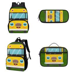 COEQINE Kindergarten-Rucksack für Jungen mit Lunchbox, schwarz, Cartoon-Autos, Federmäppchen mit Stiftlöcher, für Kleinkinder, Jungen von 6–10 Jahren, Kawaii Gelber Schulbus von COEQINE