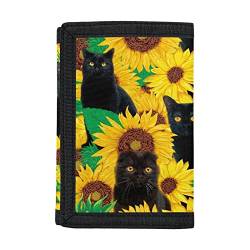 COEQINE Modische Kinder-Geldbörse, leicht, dreifach gefaltet, mit Kartenfach für Kleinkinder, Mädchen, kleine Mädchen, Schwarze süße Katze mit Sonnenblumen-Motiv von COEQINE