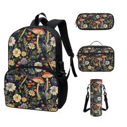 COEQINE Rucksack für Kleinkinder, Mädchen, Jungen, cooles Cartoon-Autos, Schulrucksack-Set für Kinder, Lunchbox, Federmäppchen, tragbare Flasche, Gänseblümchen, roter Pilz von COEQINE