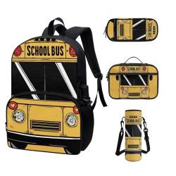 COEQINE Rucksack für Kleinkinder, Mädchen, Jungen, cooles Cartoon-Autos, Schulrucksack-Set für Kinder, Lunchbox, Federmäppchen, tragbare Flasche, Gelbe Schulbusautos von COEQINE