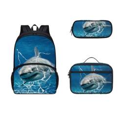 COEQINE Tier-Rucksack und Lunchbox-Set für Jungen und Kleinkinder, 3–6 Jahre, Büchertasche, Lunchbox, Grundschulrucksack mit Federmäppchen, 3D Sea Shark von COEQINE