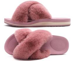 COFACE Damen Hausschuhe Plüsch Fell Latschen Gemütliche Flauschige Kunstpelz Open Toe Flip Flop Frauen Bequeme Memory Foam Schlappen Fur Slides Rutschfeste Indoor/Outdoor von COFACE