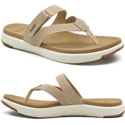 COFACE Flip Flops Damen Mode Orthopädische Leder Stoff Leicht Zehentrenner Frauen Bequem Plantarfasziitis Fußbett Breite Füße Badelatschen Sommer Strand Zehensandalen Rutschfest Gummi Sohle Beige 42 von COFACE