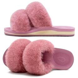 COFACE Hausschuhe Damen Fell Schlappen Bequem Puschel Hausschuhe für Damen Winter Sommer Warme Plüsch Pantoffeln Offene Flauschige Damen Puschen 39 Rosa von COFACE