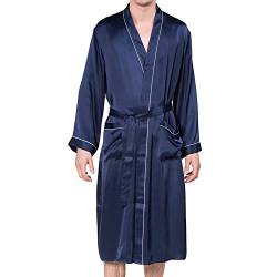 Bademantel Herren Morgenmantel Kimono Lang: Satin Sommer Elegant Nachtwäsche 100% Seide Saunamantel Sleepwear Schalkragen V Ausschnitt mit Gürtel Strand Party Reisen Feiertage Geschenk Marineblau,XXL von COLD POSH