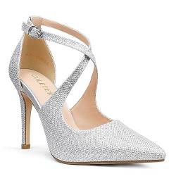 COLETER D'Orsay Pumps für Damen, 10,2 cm, spitzer Zehenbereich, Stilettos, High Heel, gekreuzte Knöchelriemen, Kleid Schuhe, Silber Glitter, 38.5 EU von COLETER