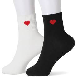 COLOFALLA 2 Paar Damen Socken Weiß Schwarz Damensocken mit Rot Herzen Stylische Socken Sportsocken Damen Frau aus Baumwolle von COLOFALLA