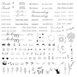 COLOFALLA 3 Blätter 130+pcs Temporäre Tattoos 2 Wochen Schriftzug auf Deutsch Tattoos zum Aufkleben Fake Tattoos Klebetattoos Kleine Mustern Inspirierende Sprüche für Frauen Mann von COLOFALLA