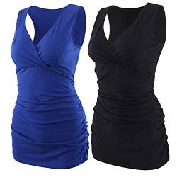 COLOMI Damen Umstandsoberteile Ärmellos Stillshirt Umstandsshirt V-Neck Nursing Tops Umstandsmode (Black+Blue/2Pack, L) von COLOMI