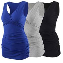 COLOMI Damen Umstandsoberteile Ärmellos Stillshirt Umstandsshirt V-Neck Nursing Tops Umstandsmode (Black+Grey+Blue/3Pack, L) von COLOMI