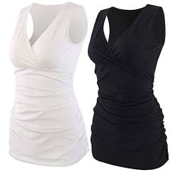 COLOMI Damen Umstandsoberteile Ärmellos Stillshirt Umstandsshirt V-Neck Nursing Tops Umstandsmode (Black+White/2Pack, L) von COLOMI