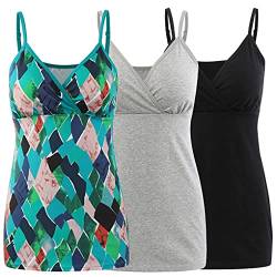 COLOMI Still-Tanktops für Mutterschaft Unterhemden für Schwangere BH zum Stillen Basic Camisole (Black+Grey+Green Print/3pack, M) von COLOMI