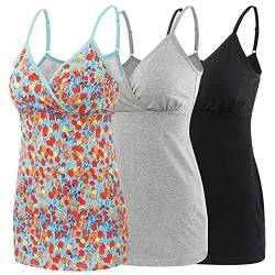 COLOMI Still-Tanktops für Mutterschaft Unterhemden für Schwangere BH zum Stillen Basic Camisole (Black+Grey+orange Print/3pack, XL) von COLOMI