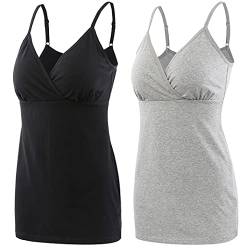 COLOMI Still-Tanktops für Mutterschaft Unterhemden für Schwangere BH zum Stillen Basic Camisole (Black+Grey/2Pack, L) von COLOMI