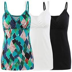 COLOMI Still-Tanktops für Mutterschaft Unterhemden für Schwangere BH zum Stillen Basic Camisole (Black+White+Green Print/3pack, S) von COLOMI