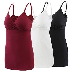 COLOMI Still-Tanktops für Mutterschaft Unterhemden für Schwangere BH zum Stillen Basic Camisole (Black+White+Red Wine/3Pack, L) von COLOMI