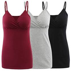 COLOMI Still-Tanktops für Mutterschaft Unterhemden für Schwangere BH zum Stillen Basic Camisole (L,Black+Grey+Red Wine/3Pack) von COLOMI